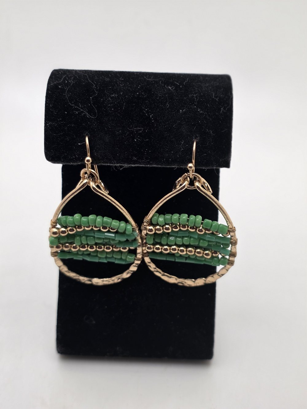 Gold-Tone Teardrop Earrings with Green Beaded Strands